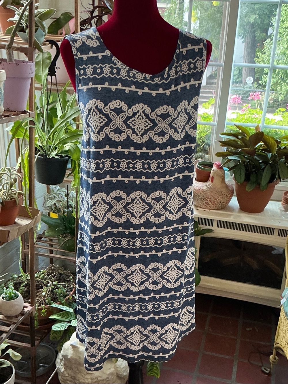Blue and white patterned Aline dress with intricate lovely pattern  XL